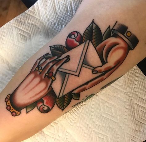 Hand Holding Letter Tattoo, Hand Holding Envelope, Envelope Tattoo, Traditional Hand Tattoo, Letter Tattoo, Traditional Tattoo Sleeve, Rose Tattoo Design, Traditional Tattoos, Sleeve Tattoos For Women