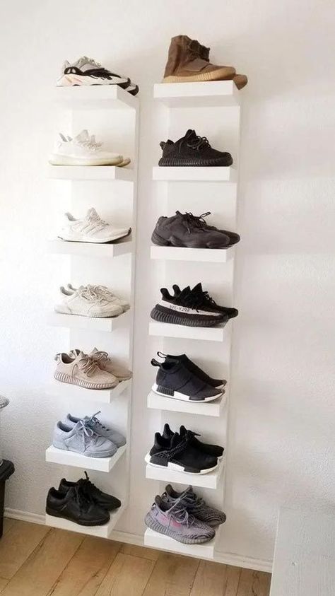 Keep these ideas in handy if you need more storage space for your shoes. Wall Shoe Storage, Mordecai Y Rigby, Shoe Rack For Small Spaces, Shoe Rack Ideas, Ikea Lack Shelves, Shoe Storage Small Space, Ikea Shoe, Closet Shoe, Wall Shelf Unit