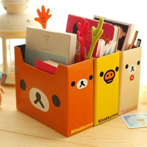 Adorable Japanese cartoon storage boxes for tucking away books, term papers, and whatever else won't fit in your desk drawer. Diy Books Organizer, Diy Pen Organizer, Diy Book Holder, Books Organizer, Cardboard Organizer, Cardboard Storage, Desk Organization Diy, Small Storage Boxes, Cardboard Box Crafts