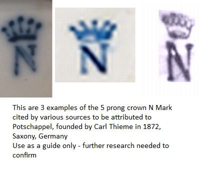 Antique Pottery Makers' Marks | German 'Crown Mark with N' Porcelain Mark - A J. Uffrecht & Co ... Antique Knowledge, Porcelain Marks, I Have A Question, Pottery Makers, Dresden Porcelain, Antique Pottery, Pottery Marks, Antique Glassware, Maker’s Mark