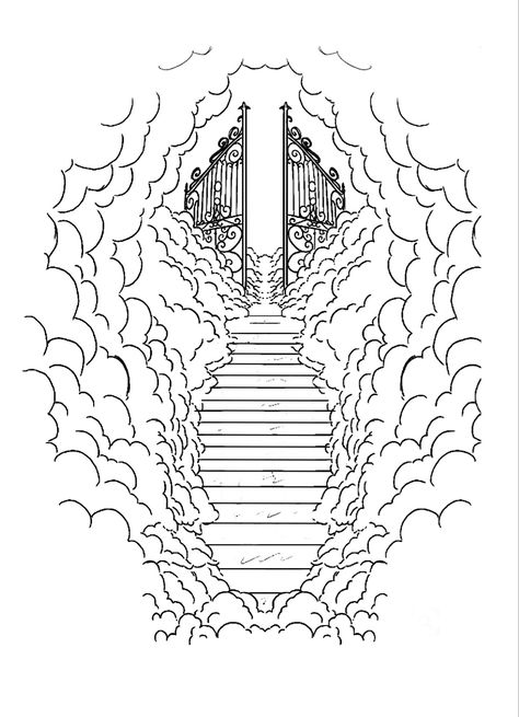 Path To Heaven Tattoo, Stairway To Heaven Tattoo Stencil, Clouds Tattoo Stencil, Time Flies Tattoo, Heavens Gates Tattoo Design, Heaven Stairs, Stairs To Heaven Tattoo, Gates Of Heaven Tattoo, Stairway To Heaven Tattoo