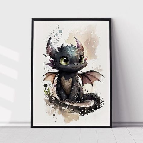 Dragon Printable, Drawing Wall Decor, Cute Toothless, Dragon Nursery, Dragon Birthday Parties, Nursery Watercolor, Drawing Wall, Digital Art Printables, Night Fury