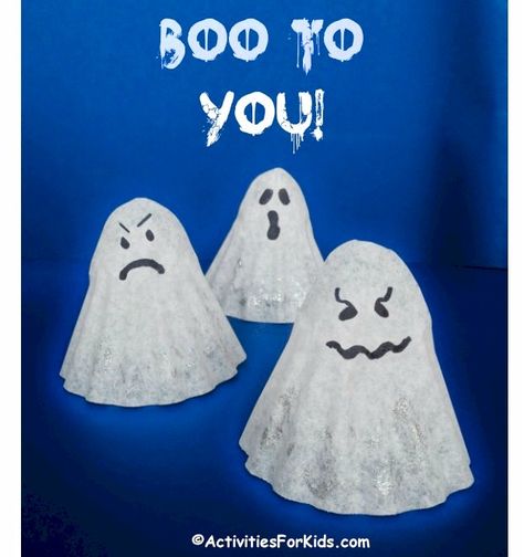 Easy Halloween Crafts for kids - Coffee filter ghost.  Make one.  Decorate and use as decorations for Halloween.  Printable for Witches Hats can be found at ActivitiesForKids.com Coffee Filter Ghosts, Coffee Filter Halloween Crafts, Ghost Crafts Preschool, Waldorf Halloween, Cheap Fall Crafts For Kids, Easy Halloween Crafts For Kids, Ghosts For Halloween, Decorations For Halloween, Bricolage Halloween