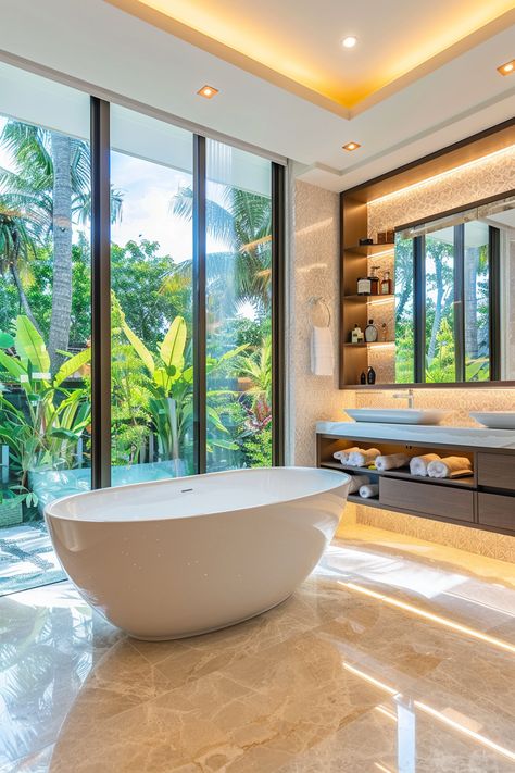 Escape to Serenity: Tour a Luxe Bathroom Oasis with Tropical Views Bathroom With Large Window, Luxe Bathroom, Dubai Houses, Bathroom Oasis, Tropical Greenery, Chic Bathroom, Chic Interior Design, Ocean House, Brown Home Decor