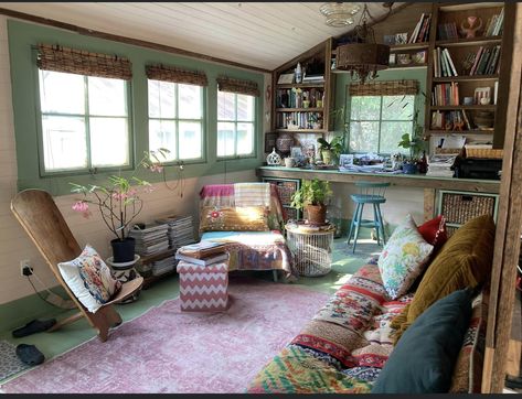 Cosy Summer House, Tiny She Shed Interior Ideas, Art Shed Ideas, She Shed Interior Ideas Woman Cave, Hangout Shed, Backyard Hideout, Small Shed Ideas Hangout, Backyard Sheds Hangout, Small She Shed Interiors