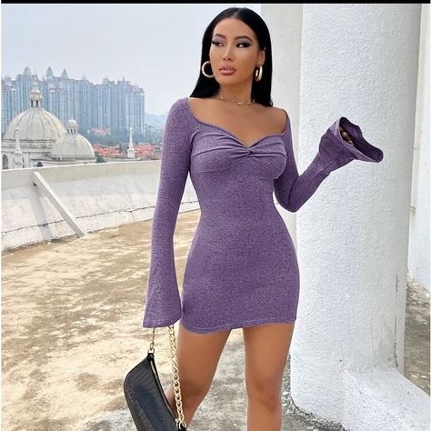 Flounce Sleeve Bodycon Dress, Lavendar Dress, Purple Dress Short, Purple Homecoming Dress, Layered Ruffle Dress, Dress Amazon, Dresses Shein, Colorful Outfits, Striped Bodycon Dress