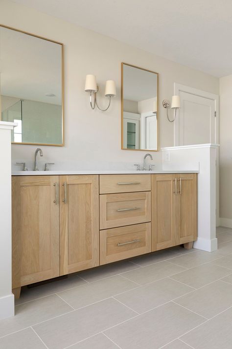 Master Bath With Oak Cabinets, White Tile Wood Vanity Bathroom, White Bathroom Oak Vanity, White Oak Vanities Bathroom, Maple Wood Bathroom Vanity, Modern Oak Vanity Bathroom, Bleached Wood Bathroom Vanity, Natural Maple Bathroom Cabinets, Marble Oak Bathroom