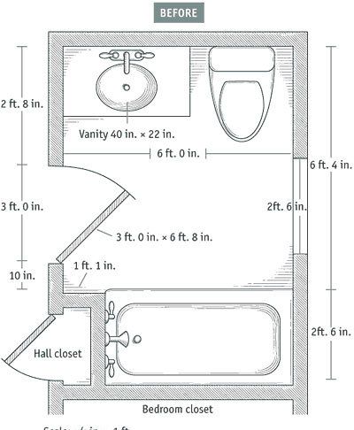 More on Baths Slideshow: 7 Small Bathroom Floorplan Layouts  Kitchen & Bathroom Planning & Design Guide    A bathroom remodel can range from something as simple as upgrading a vanity … Bathroom Floorplan, Small Bathroom Floor Plans, Small Bathroom Plans, Bathroom Floor Plan, Bathroom Design Plans, Bathroom Layout Plans, Small Bathroom Layout, Small Floor Plans, Bathroom Plan