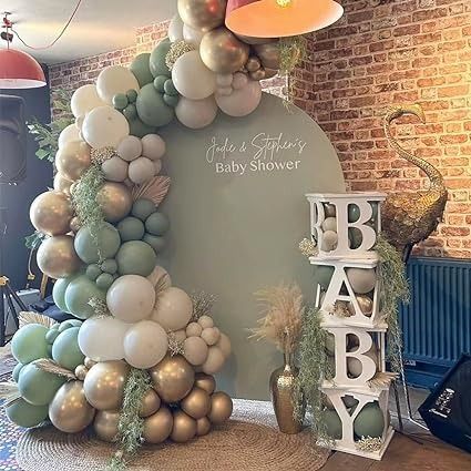 Amazon.com: Sage Green Balloon Garland Arch Kit 153pcs Sand White Chrome Metallic Gold Avocado Olive Boho Pastel Balloons for Baby Shower Birthday Wedding Jungle Safari Party Decorations : Home & Kitchen Sage Green Balloon Arch Backdrop, Balloon Arch Baby Shower Neutral, Sage And Cream Baby Shower Ideas, Baby Shower Ideas Sage Green, Baby Shower Green Theme, Sage Green Baby Shower Decor, Olive Green Baby Shower Ideas, Sage Balloon Garland, Sage Baby Shower Ideas