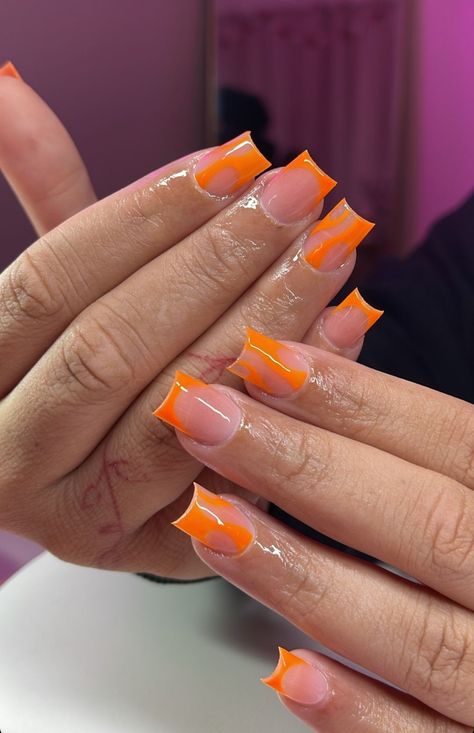 Milky Orange Nails, Short Orange French Tip Nails, Orange French Tips Nails, Orange Tip Acrylic Nails, Orange Nails French Tip, Neon Orange Nail Ideas, Orange And Black Nail Designs, Orange French Nails, Orange French Tips