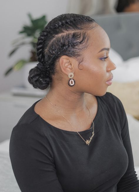 Professional Twist Hairstyles, Flat Twist Into Bun, Feed In Flat Twist Hairstyles, Chunky Flat Twist Hairstyles, Two Strand Flat Twist Styles, Flat Twist Updo Bun, Cute Natural Protective Hairstyles, Flat Twist Low Bun, Low Manipulating Natural Hair Styles