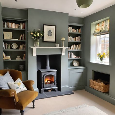 Small Lounge With Log Burner, Snug With Log Burner, Small Snug Room Ideas, Narrow Fireplace, Conservatory Inspiration, Cosy Sitting Room, Alcove Shelf, Parlour Games, Woodland Living Room