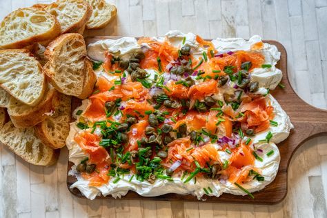 Smoked Salmon Cream Cheese Board Lox Board Smoked Salmon, Smoked Salmon Cheese Board, Cream Cheese And Lox Board, Salmon Board Smoked, Salmon Grazing Board, Cream Cheese Smoked Salmon Board, Cream Cheese Board With Salmon, Cream Cheese Salmon Board, Smoked Salmon Butter Board