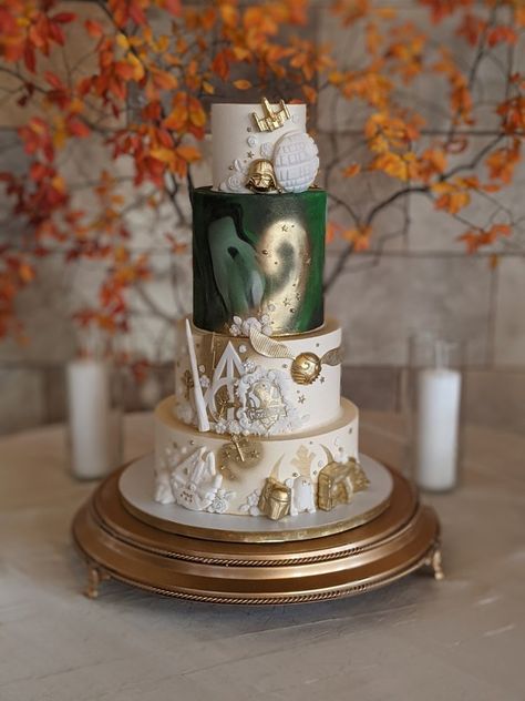 Buttercream Wedding Cakes — Sweet Fix Hogwarts Wedding Cake, Slytherin Wedding Cake, Geeky Wedding Cake, Harry Potter Star Wars Wedding Cake, Harry Potter And Star Wars Wedding Cake, Wedding Cake Star Wars, Harry Potter And Star Wars Wedding, Slytherin Wedding Theme, Slytherin Cake Ideas