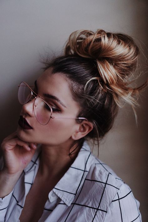 Messy Bun Hairstyle & Glasses Dark Lip Makeup Cute Messy Hairstyles, Hairstyles Glasses, Dark Lip Makeup, For Black Women Hairstyles, Messy Bun Hairstyle, Half Bun Hairstyles, Cute Messy Buns, Dark Lip, Hairstyles With Glasses