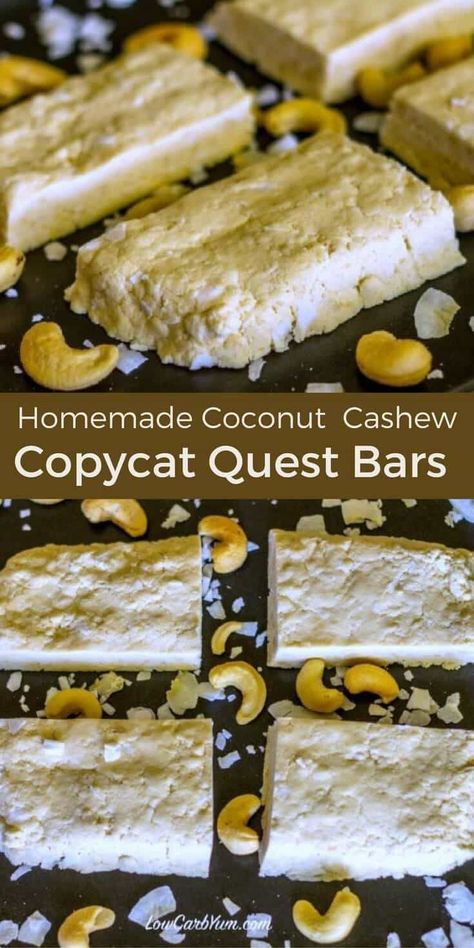 Save money by making this DIY homemade Quest bar recipe. These low carb all natural coconut cashew protein bars are quick and easy to make. | #questbar #copycat #lowcarb LowCarbYum.com via @lowcarbyum Homemade Quest Bars, Quest Bar Recipe, Keto Pregnancy, Protein Cakes, Power Bites, Low Carb Bars, Clean Treats, Quest Bars, Low Carb Protein Bars