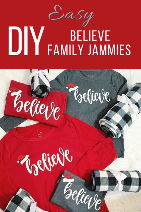 Looking for a great craft idea for the holidays? Make your own family jammies with this easy DIY Believe family jammies Cricut design. #sponsored @officialcricut #cricutcreated Christmas Scrapbooking, Stencil Vinyl, Christmas Jammies, Family Diy, Diy Cricut, Love My Family, Cricut Tutorials, Iron On Vinyl, Cute Family