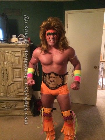 This Ultimate Warrior costume was made for a WWE Wrestling Theme Bachelor Party! Not only did we all dress up as wrestlers but we went to a WWE event!... Ultimate Warrior Costume, Family Pet Costumes, Wwe Costumes, Wrestling Costumes, Wrestling Party, Girls Knee High Socks, Diy Costumes Women, Warrior Costume, Homemade Costume