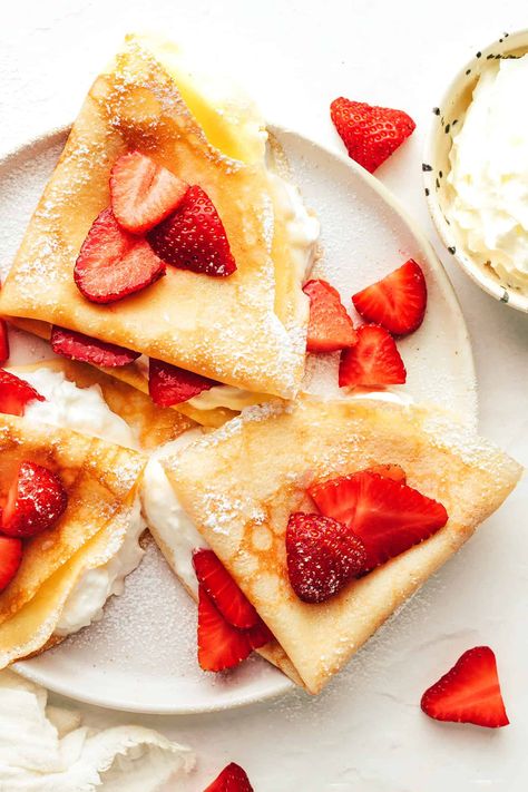 Crêpe Recipe | Gimme Some Oven Strawberry Crepes Recipe, French Crepe Recipe, Strawberry Crepe, Homemade Crepes, Easy Crepe Recipe, Strawberry Crepes, Crepe Recipe, How To Make Crepe, French Crepes