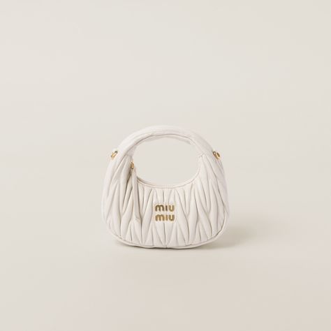 White Wander matelassé nappa leather hobo mini-bag | MIU MIU Nappa Leather Bag, Mini Hobo Bag, Metal Lettering, Miu Miu Handbags, Camouflage Green, Miu Miu Bag, Lettering Logo, Iconic Bags, Leather Hobo Bag