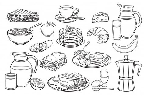 Jam Croissant, Food Doodles, Design Market, Milk Coffee, Fried Eggs, Farm Shop, Outline Drawings, Coffee Milk, Drawing Set