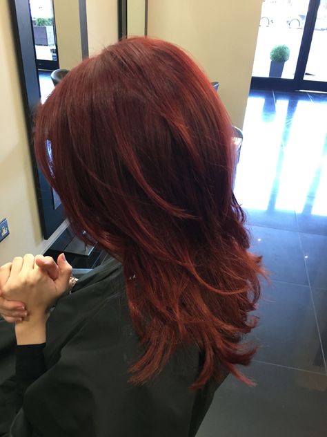 Roots: 7rr max (gold well) Ends: 6.54 chromative (loreal) - 23/02/2016 Red Hair With Roots, Dark Red Layered Hair, Red Ends Hair, Wolfcut Red Hair, Red Hair With Layers, Red Hair Ends, Layered Red Hair, Red Layered Hair, Haircut Red Hair