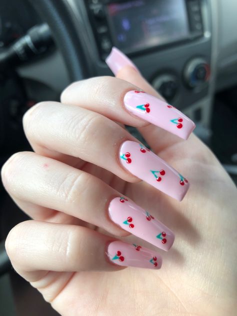 Light Pink Cherry Nails, Functional Nails, Pink Nails With Cherries, Napa Nails, Cherry Acrylic Nails, Cherry Nails Acrylic, Pink Cherry Nails, Ongles Rose Pastel, Talon Nails