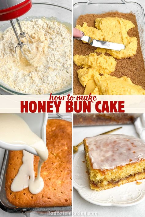 how to make viral honey bun cake Hunny Bun Cake Recipe, Homemade Honey Buns, Honeybun Cake, Deserts Recipes, Ice Cream Games, Honey Bun Cake, Good Morning Honey, Batch Baking, Bun Cake