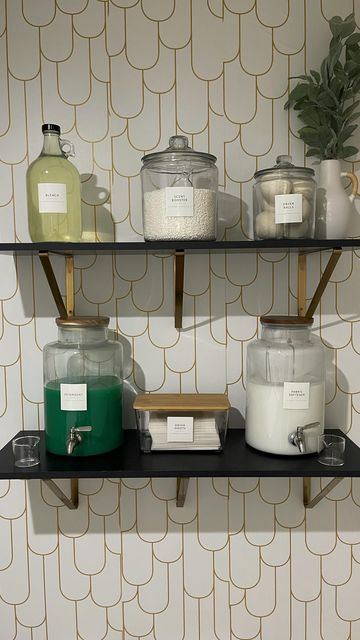 Laundry Room Clear Containers, Liquid Laundry Storage, Bleach Storage Laundry Rooms, Laundry Room Dryer Sheets Storage, Laundry Sheets Storage, Glass Laundry Detergent Container, Laundry Storage Containers, Bleach Container Ideas, Laundry Room Container Ideas