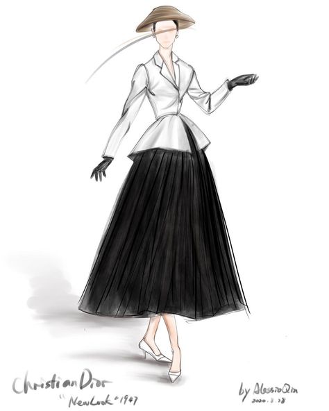 Dior Drawing Art, Haute Couture Sketches, Haute Couture Fashion Illustration, Dior 1947, Vintage Fashion Sketches, Dior New Look, Fashion Dream Job, Instagram Illustration, Sketches Dresses