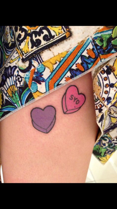 New candy love heart tattoos on left thigh; got it yesterday on my 23rd birthday representing my love for Sydney, Australia (my hometown) and the purple one will say NYC for my second home New York City. Done by the amazing Lauren Winzer 💕 Candy Heart Tattoo, Love Heart Tattoo, Nyc Tattoo, Sister Tattoo, Tattoo Heart, Heart Tattoos, 23rd Birthday, Sweet Tart, Blue Candy