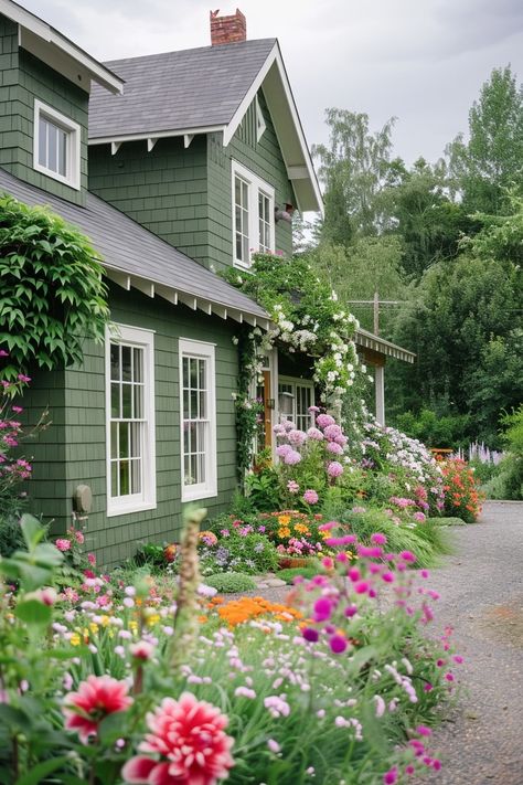 Flowers On House Exterior, Landscape For Green Color House, Green Home Exterior Colors, Cottagecore Exterior House, Home Exterior Inspiration, Character Flower House Vibe, Green Cottage House, Light Green House Exterior, Green Home Exterior