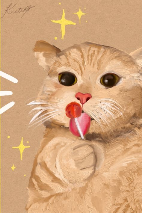 orange cat with big shiny eyes licking red lollipop digital art using oil paints brush on a brown paper texture Kawaii Cats, Cute Cat Illustration, Cat Illustrations, Art Cat, Cats Illustration, Kawaii Cat, Illustration Digital, Orange Cat, Cat Illustration