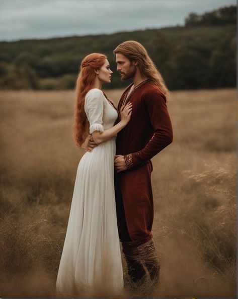 Fairy Tale Photoshoot Couple, Fantasy Couples Photoshoot, Viking Couple Aesthetic, Medieval Couple Aesthetic, Fantasy Couple Photography, Viking Couple, Faerie Wedding, Redhead Characters, Fairytale Photoshoot