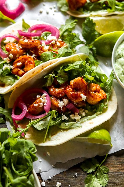 Hot Honey Shrimp, Shrimp Taco Sauce, Lime Shrimp Tacos, Honey Lime Shrimp, Spicy Fish Tacos, Honey Shrimp, Chickpea Tacos, Cozy Fall Recipes, Taco Ingredients