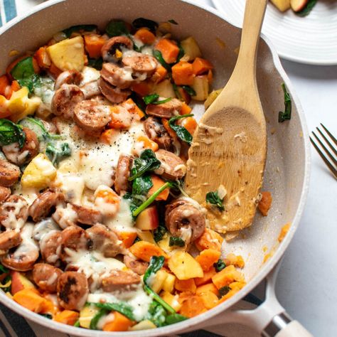 Chicken Sausage and Sweet Potato Skillet - The Ashcroft Family Table Chicken Sausage Sweet Potato Skillet, Sausage And Sweet Potato, Sweet Potato Sausage, Potato Skillet, Freeze Sweet Potatoes, Savory Oatmeal, Yukon Potatoes, Sweet Potato Skillet, Sweet Potato Kale