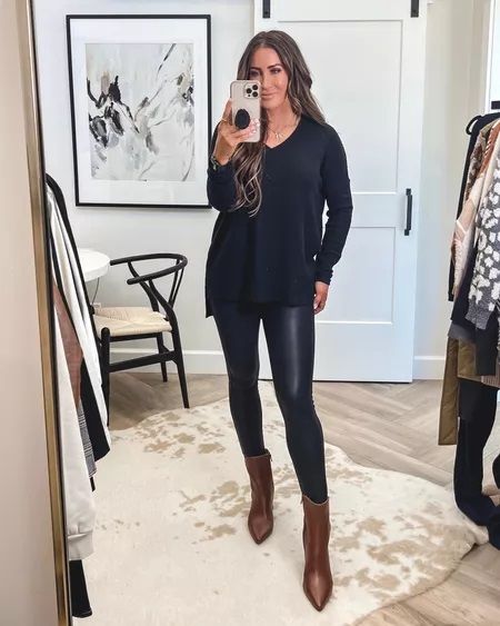 Affordable Fashion, Walmart Fashion, Black Tunic, Faux Leather Leggings, Faux Leather Block Heel Booties Tunic Sweater Outfits, Sweater Outfit Winter, Winter Sweater Outfits, Sweater Outfit, Dressy Fashion, Black Tunic, Outfit Winter, Tunic Sweater, Fall Winter Outfits