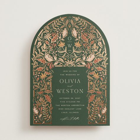 Autumnal Arch Foil-Pressed Wedding Invitations by Erin German | Minted Wedding Invitations 2024, Wedding Envelope Design, William Morris Wedding, Pakistani Wedding Invitations, Wedding Envelopes Design, Rococo Wedding, Autumn Wedding Invitations, Asian Wedding Invitations, Festival Invitation