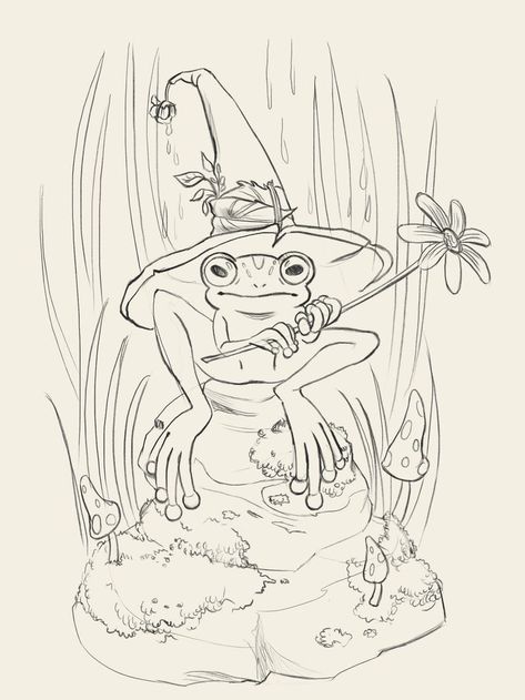 Frog Trippy Drawings, Frog Witch Drawing, Cute Frog Tattoos For Women, Kawaii Witch Drawing, A Witch Drawing, Witch Frog Tattoo, Fairy Frog Drawing, Frog Drawing Reference, How To Draw A Frog