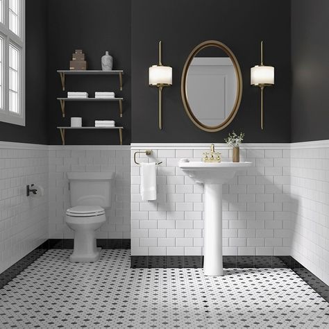 Black and white remains a timeless, elegant color scheme for a bathroom. The mix of white subway tiles on the wall with the black and white penny floor tiles are classic choices for bathrooms old and new. Makeover Kamar Mandi, Black White Bathrooms, Bilik Air, White Bathroom Designs, Painting Walls, Creative Bathroom, Bad Inspiration, Black And White Tiles, 아파트 인테리어