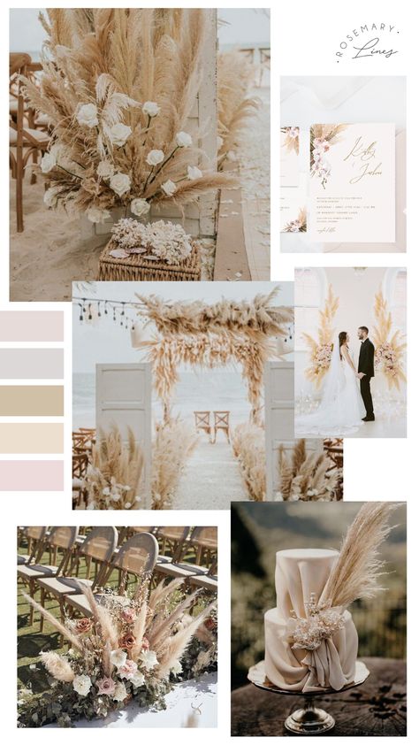 Pampas grass wedding invitation template with pampas grass, blush orchid, dried grass, palm leaves ornaments and modern script, suitable for boho wedding, rustic wedding, desert wedding, earth tones wedding, modern minimal wedding, and many more. Tropical Pampas Grass Wedding, Boho Wedding Invitations, Beach Pampas Grass Wedding, Beach Wedding Pampas Decor, Pampas Wedding Invitation, Pampas Invitation, Boho Wedding Theme, Rustic Beach Wedding, Color Palettes