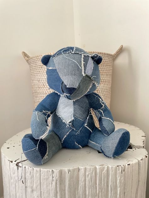 Recycled Denim Fashion, Uses For Old Jeans, Denim Teddy Bear, Denim Recycle Projects, Patchwork Teddy Bear, Patchwork Bear, Clothing Keepsake, Denim Pillow, Denim Scraps