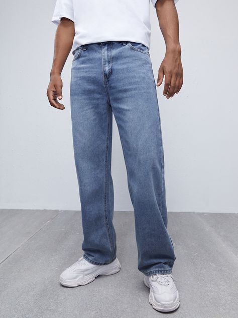 Blue Jeans Outfit Men, Sneakers Outfit Men, Straight Leg Jeans Outfits, Dark Blue Pants, Jeans Outfit Men, Shein Men, Blue Jean Outfits, Straight Leg Jeans Men, Short Men Fashion