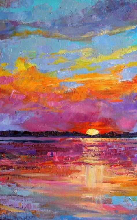 Colorful Sky Painting, Colorful Sky, Sunset Artwork, Arte Indie, Arte Van Gogh, Bright Art, Soyut Sanat Tabloları, Seni Cat Air, Palette Knife Painting