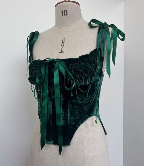 Emerald City Fashion, Emerald Clothes, Moss Corset, Emerald Green Corset Dress, Green Satin Corset Dress, Emerald Green Clothes, Coven Costume, Dark Green Corset Top, Green Corset Outfit