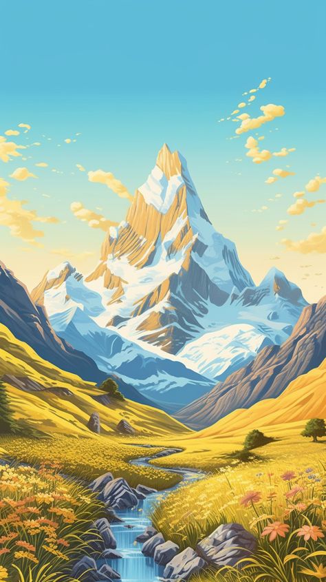 Mountain Artwork Illustration, Simple Mountain Scenery Painting, Simple Mountain Landscape Painting, Mountain Illustration Art, Mountains Illustration Art, Wander Illustration, Mountain Valley Painting, Valley Illustration, Cartoon Mountains