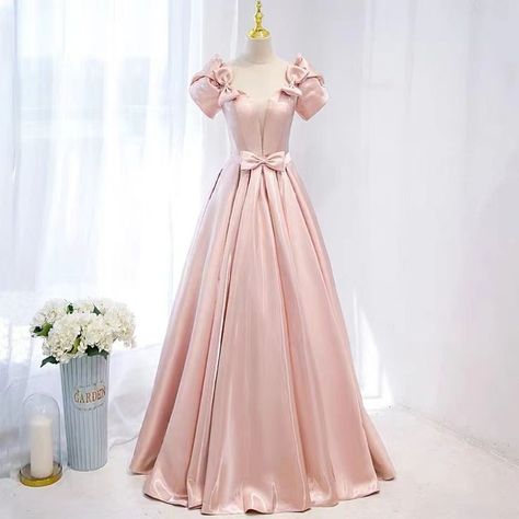 Pink Satin Prom Dress, Short Sleeve Prom Dresses, A Line Evening Dress, Prom Dresses 2021, V Neck Prom Dresses, Rose Bonbon, Satin Prom Dress, Pink Prom Dresses, Ball Gown Dresses