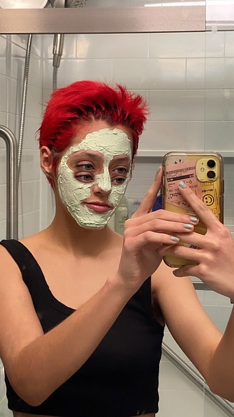 red dye, face mask gay queer lesbian hot cute aesthetic style short hair nb nonbinary gnc gender non-conforming Style Short Hair, Red Dye, Red Head, Aesthetic Style, Cute Aesthetic, Aesthetic Fashion, Redheads, Carnival Face Paint, Short Hair