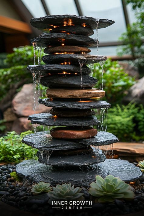 A tall, illuminated fountain made of stacked flat stones with water cascading down, surrounded by succulents and pebbles. River Garden Ideas, Small Fountain Ideas Indoor, Zen Water Features, Mindfulness Room, African Spa, Pond Inspiration, Water Feature Ideas, Small Garden Waterfalls, Mini Fountain