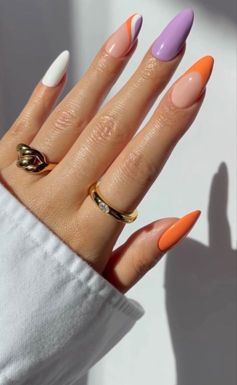 Orange And Purple Nails, Purple And Orange Nails, Orange Acrylic Nails, Nails Orange, Orange Nail Designs, Nails Purple, Purple Nail Designs, Gel Acrylic Nails, Casual Nails